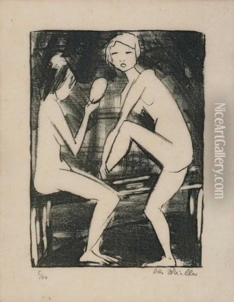 Zwei Madchen Mit Handspiegel Oil Painting - Otto Mueller