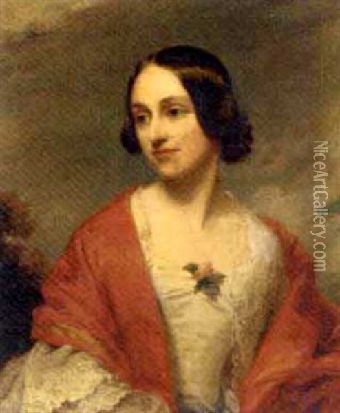 Portrait Of A Lady Wearing A White Dress With Trim And A Red Wrap, With Trees Beyond Oil Painting - Richard Buckner