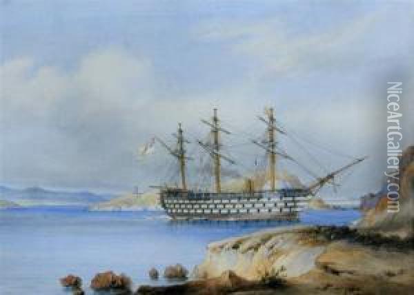 Hms Royal Albert Aground Off The Aegean Island Of Zea Oil Painting - Sir Oswald Walter Brierly