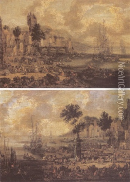 Harbour Scenes With Numerous Figures Oil Painting - Pieter Casteels III