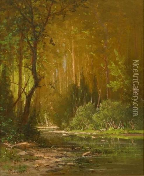 Wooded River Landscape S L/l: F. Schafer O/c 10x12 Oil Painting - Frederick Ferdinand Schafer