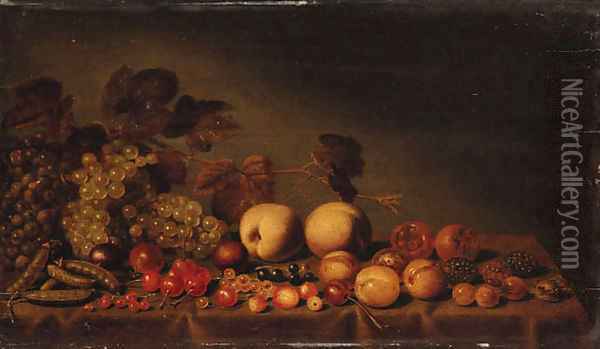 Grapes, plums, medlars, cherries, assorted berries and peas on a draped table Oil Painting - Floris Gerritsz. van Schooten