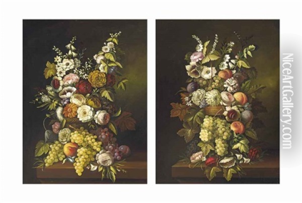 Roses, Daisies And Other Blooms In A Wicker Basket, With Grapes And Peaches On A Ledge (2 Works) Oil Painting - Jan Frans Van Dael