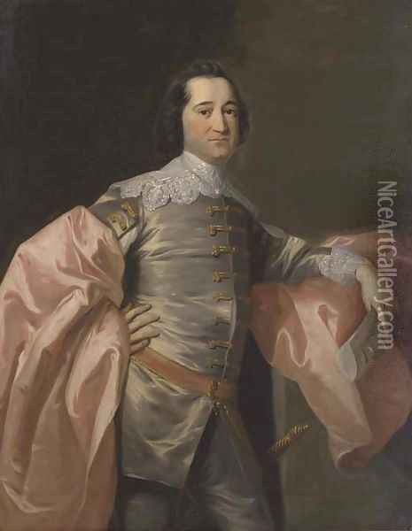 Portrait of gentleman, three-quarter-length, in a grey jacket and pink wrap Oil Painting - Allan Ramsay