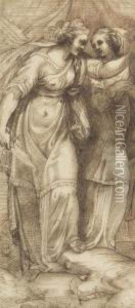 Zwei Mythologische Frauengestalten. Oil Painting - Bartolomeo Passarotti