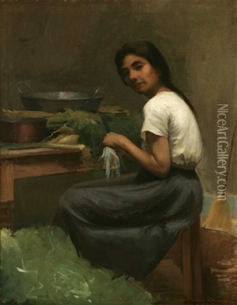 Woman Preparing Vegetables At Kitchen Table Oil Painting - Jean Mannheim