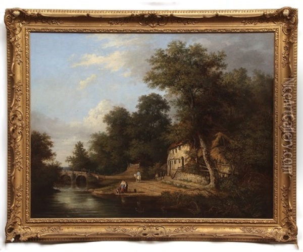 Extensive River Landscape With Bridge And Figures By A Cottage Oil Painting - Henry Ladbrooke
