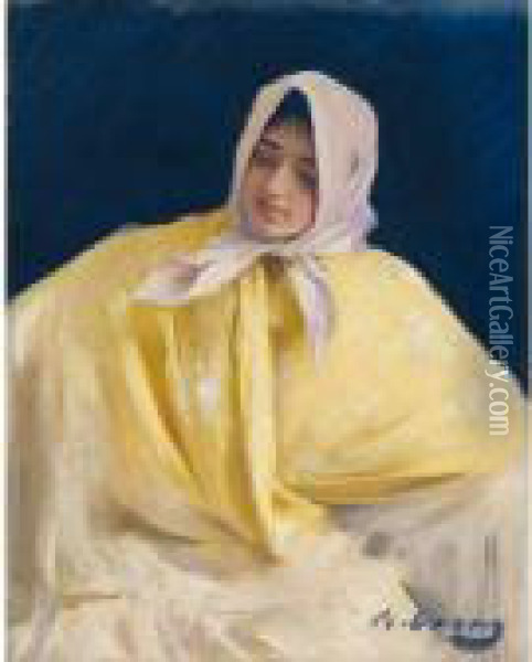 Chula Con Manton Amarillo (girl With A Yellow Shawl) Oil Painting - Ramon Casas Y Carbo