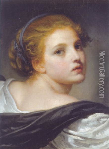 A Girl With A Blue Ribbon In Her Hair Oil Painting - Jean Baptiste Greuze