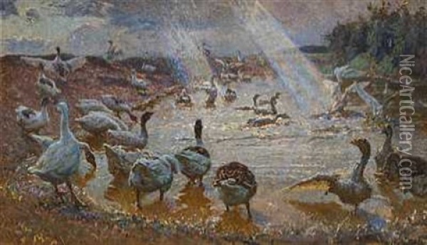 Unge Og Gamle Gaes, Dragor Oil Painting - Viggo Johansen