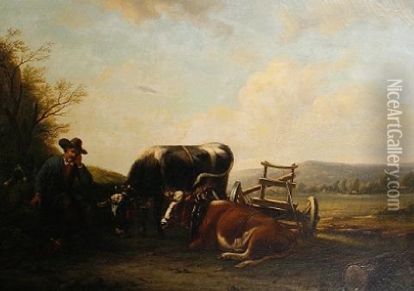 A Farmer With Oxen Resting Beside A Cart Oil Painting - Frederik Lodewyn Huygens
