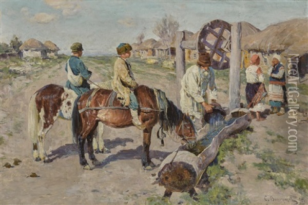 At The Trough Oil Painting - Sergei Arsenievich Vinogradov