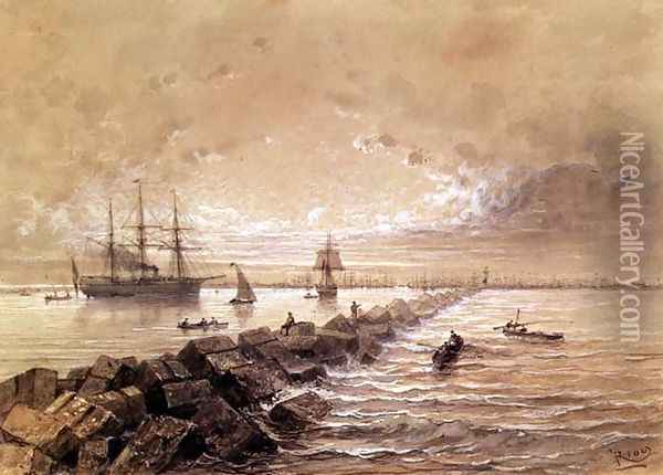 The Suez Canal, from a souvenir album commemorating the Voyage of Empress Eugenie 1827-1920 at the Inauguration in 1869 Oil Painting - Edouard Riou