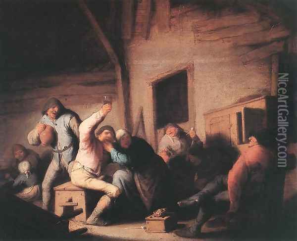 Carousing Peasants in a Tavern c. 1635 Oil Painting - Adriaen Jansz. Van Ostade