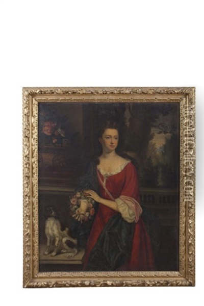 A Portrait Of Elizabeth Langham, As A Young Woman, Standing Three Quarter Length On A Terrace, A Spaniel Seated Beside Her, Flowers In An Ornamental Urn At Her Oil Painting - Michael Dahl