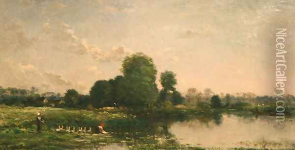 Riverbank with Fowl Oil Painting - Charles-Francois Daubigny