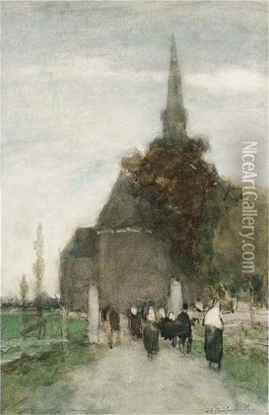 Going To The Church, Woubrugge Oil Painting - Jan Hendrik Weissenbruch