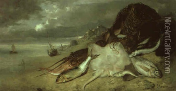 Nature Morte Aux Poissons Renvers,s Sur Une Plage Oil Painting - Francois Germain Leopold Tabar(t)