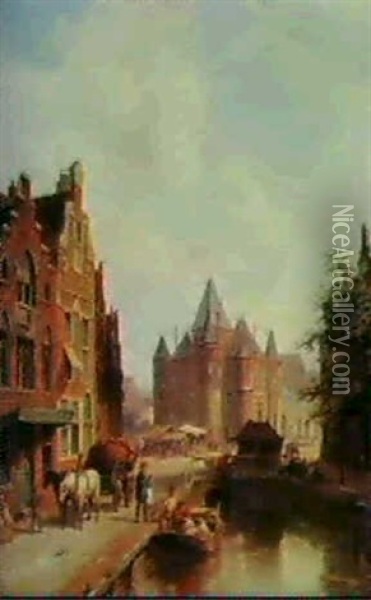 A Street Scene By A Canal Oil Painting - Pieter Cornelis Dommershuijzen