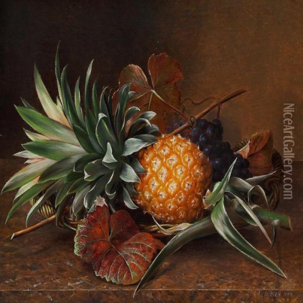 Fruit Basket With Pineapple And Blue Grapes Oil Painting - I.L. Jensen
