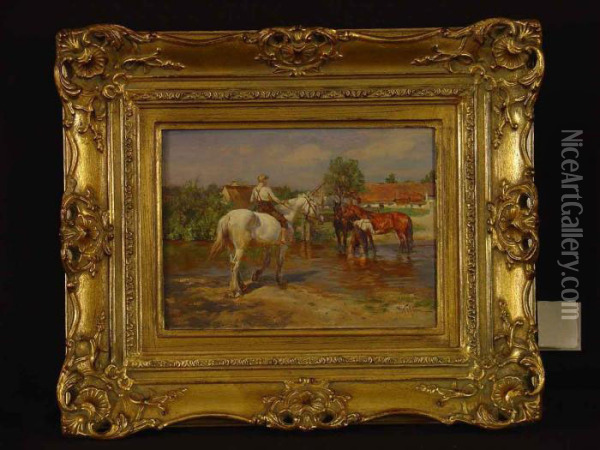 Stallburschen Mit Pferden Am Flussufer Oil Painting - Wilhelm Velten