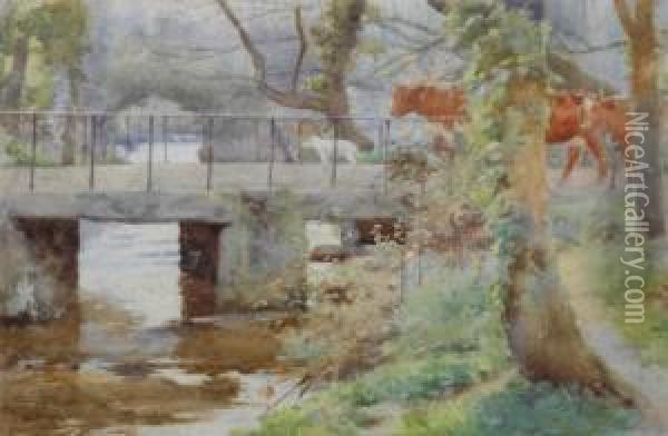 Cattle Crossing A Stone Bridge. Oil Painting - Ralph Todd