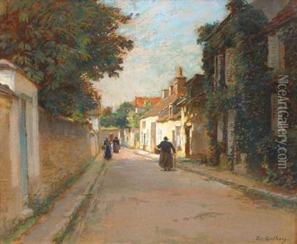 Rue De Village, Animee Oil Painting - Edouard Gelay