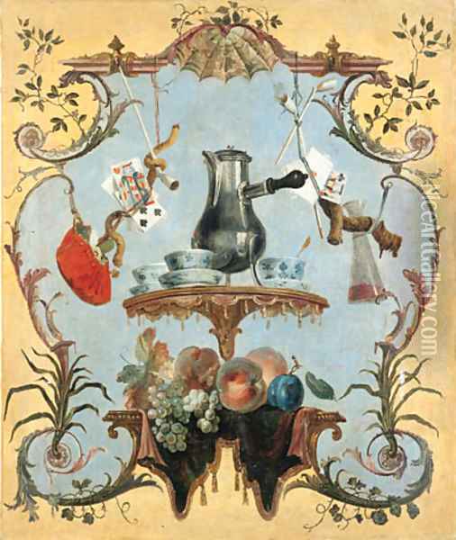 A still life with silver coffee pot Oil Painting - Jean-Baptiste Oudry