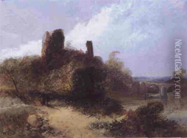 Figures On A Path Before Okehampton Castle Oil Painting - Henry Bright