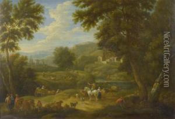 Wooded Landscape With Peasants And Theircattle. Oil Painting - Peeter Bout