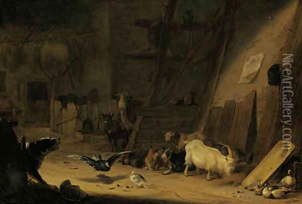 A barn interior with cattle, pigeons and a dog barking at a peasant Oil Painting - Cornelis Saftleven