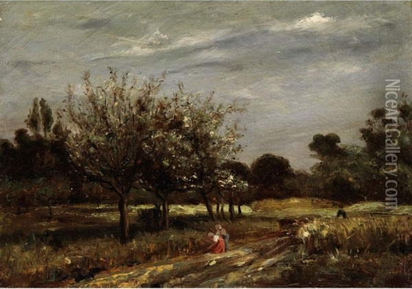Landschaft Mit Bluhenden Obstbaumen Und Zwei Frauen Am Wegrand Oil Painting - Adolphe Appian