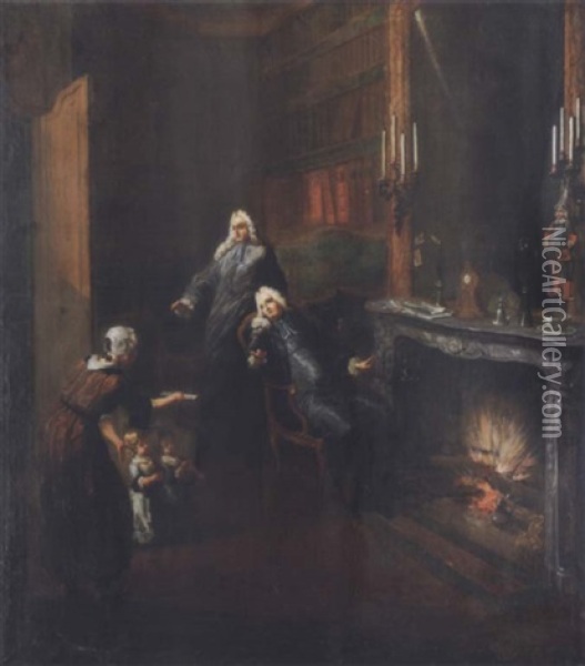 Interior Scene With A Woman And Two Children Being Received By Two Gentlemen Oil Painting - Gabriel Jacques de Saint-Aubin