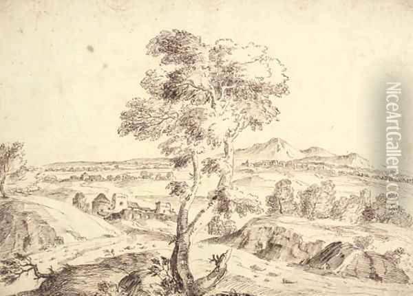 An extensive landscape with a tree in the foreground Oil Painting - Domenico Bernardo Zilotti