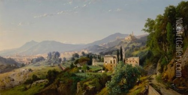 A View Of Genoa From The East With The Lanterna And The Church Of Santa Maria Assunta Di Carignano In The Distance And The Santuario Di Nostra Signora Del Monte To The Right Oil Painting - Louis Auguste Lapito