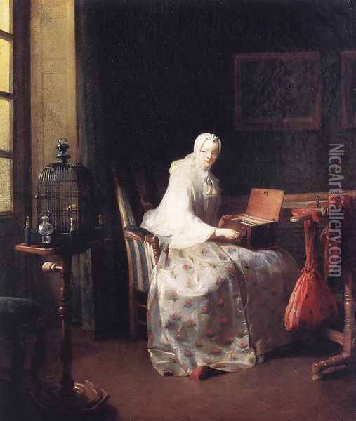The Bird Organ or A Woman Varying Her Pleasures Oil Painting - Jean-Baptiste-Simeon Chardin