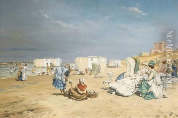 Belebte Strandpartie Oil Painting - Frederic Florian