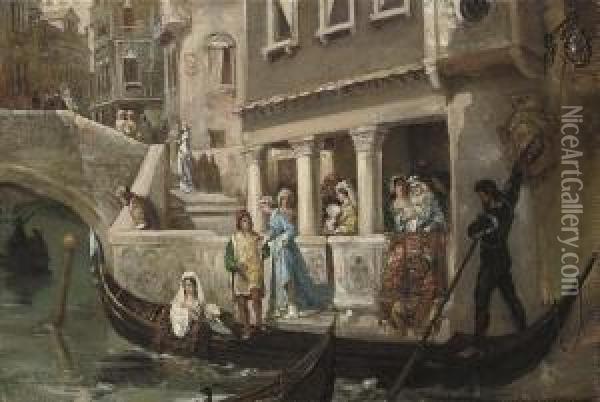 Dignitaries Boarding A Gondola On A Venetian Backwater Oil Painting - Vasili Aleksandrovich Kotarbinskii