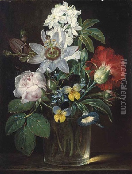 Roses, A Carnation, Forget-me-nots, Violets, Morning Glory, A Passion Flower And A Delphinium In A Glass Vase Oil Painting - Andreas Theodor Mattenheimer