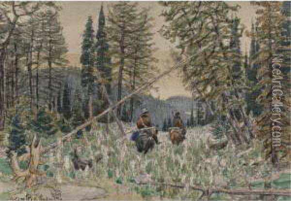 Hunters On Horseback In A Pine Forest Oil Painting - Apollinarii Mikhailovich Vasnetsov