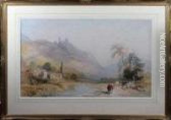 A View On The Rhine With A Watermill And Hilltop Castle Oil Painting - Thomas Miles Richardson