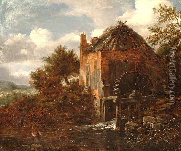 A Figure Before A Watermill. Oil Painting - Jacob Van Ruisdael