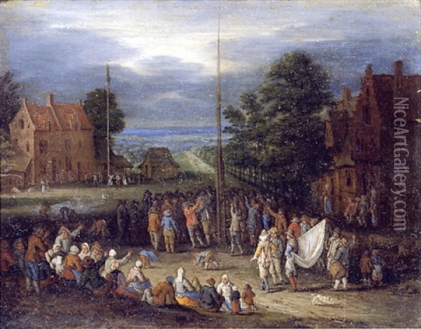 A Village Scene With Figures Shooting The Popingay And Dancing Around A Maypole Oil Painting - Peter Gysels