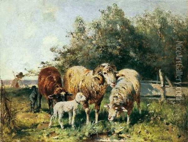 Grasende Schafe Mit Rastendem Hirten Oil Painting - Otto Friedrich Gebler