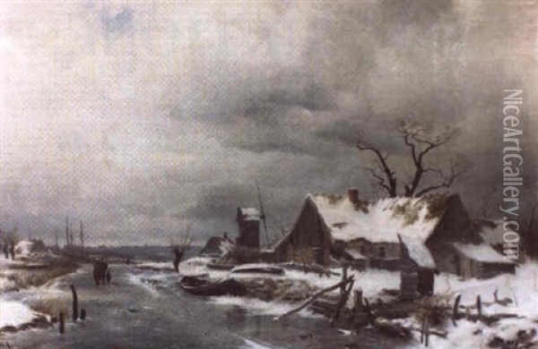 Vinterlandskap Med Hus, Molla Och Promenerande Figurer Pa   Frusen A Oil Painting - Gustaf Rydberg