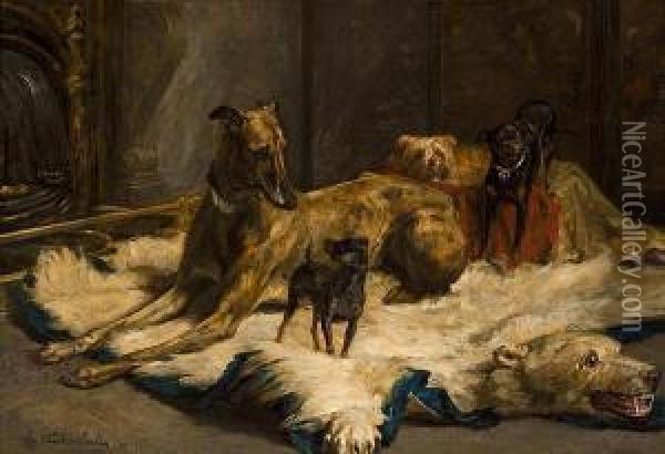Perros En Un Interior Oil Painting - Charles van den Eycken