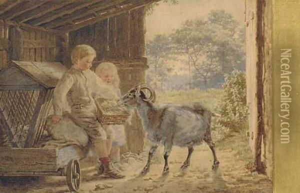 Feeding The Goat Oil Painting - Helena J. Maguire