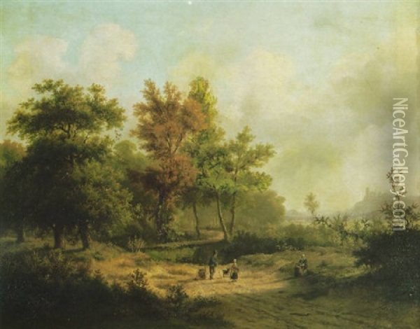 An Extensive Wooded Landscape With Travellers Resting On A Path In The Forground Oil Painting - Marinus Adrianus Koekkoek