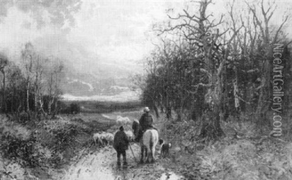 A Winter Landscape With Figures, Sheep And Pony In A Country Lane Oil Painting - William Manners