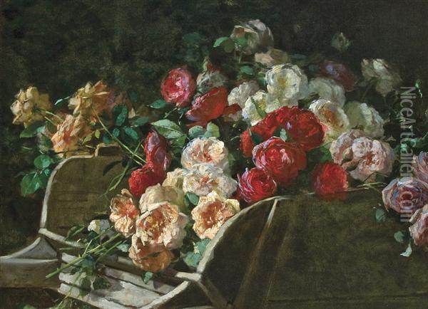 Roses In A Wheelbarrow Oil Painting - George Cochran Lambdin